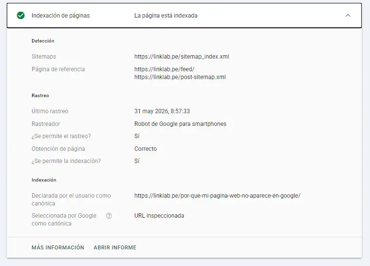 Google Search Console muestra la URL inspeccionada como canónica