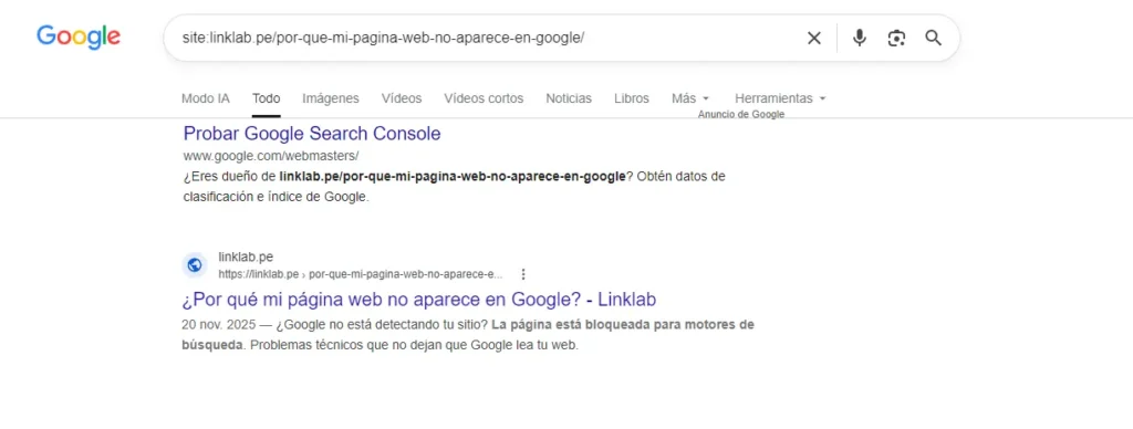 Resultado del operador site para comprobar si Google conoce una página