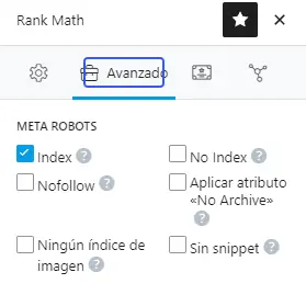 Opción Index activada en la configuración avanzada de Rank Math