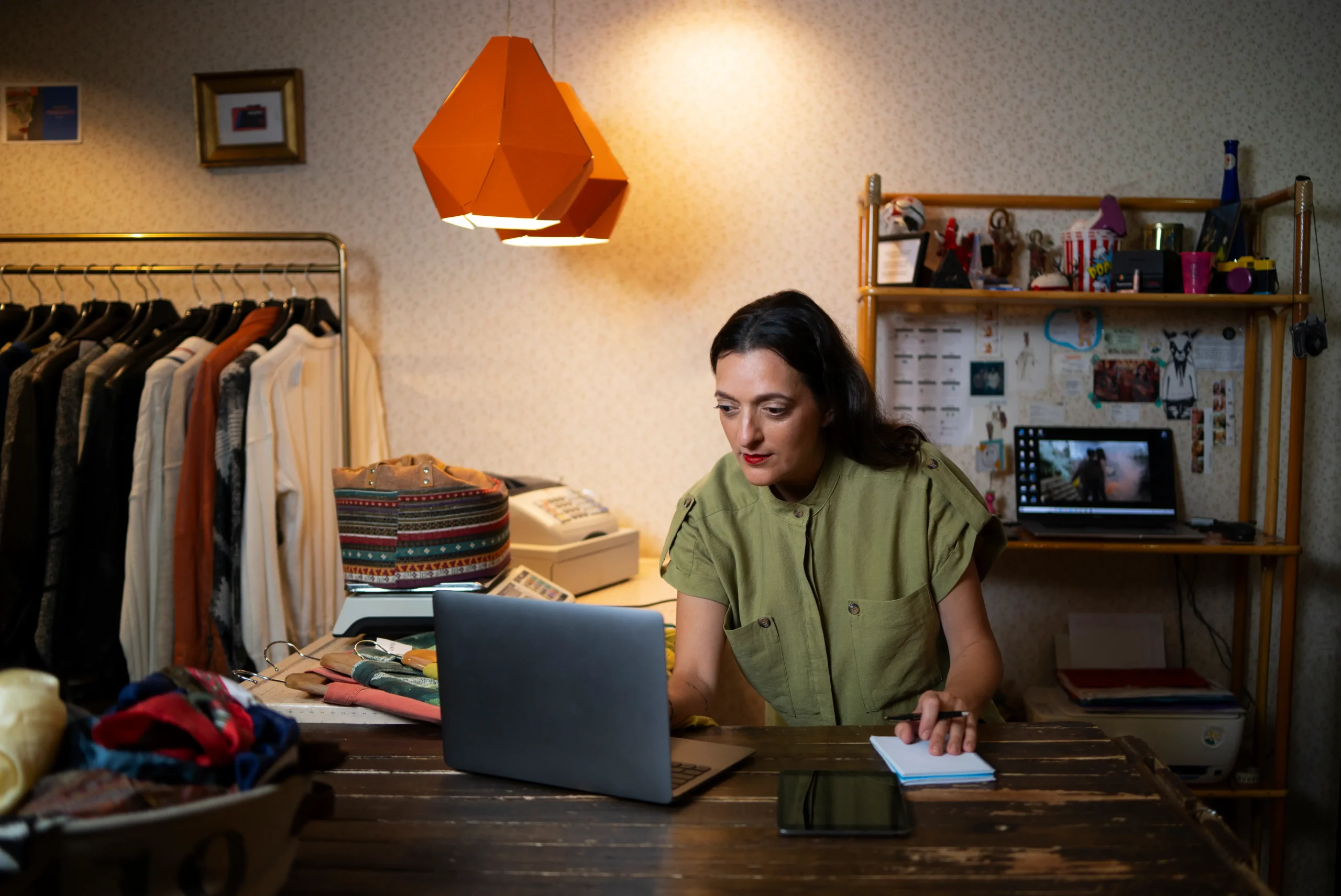 Dueña de un pequeño negocio gestionando su presencia digital desde su laptop en un entorno comercial moderno
