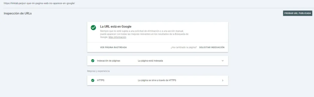 Search Console confirma que una URL de Linklab se encuentra indexada