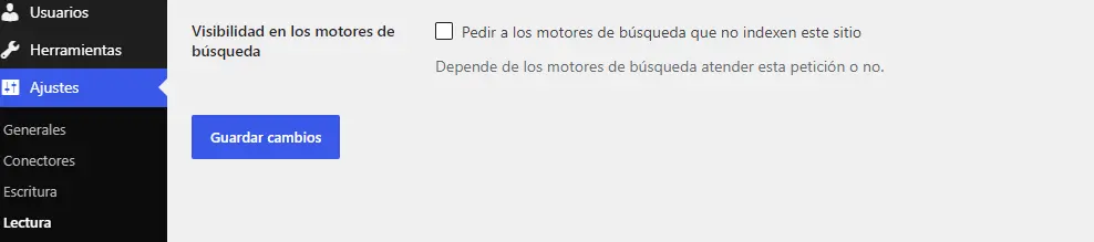 Opción de WordPress para impedir la indexación desmarcada