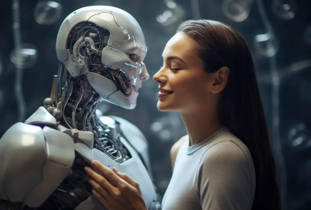 Mujer interactuando con un robot humanoide como representación de la IA complaciente y la validación emocional artificial.