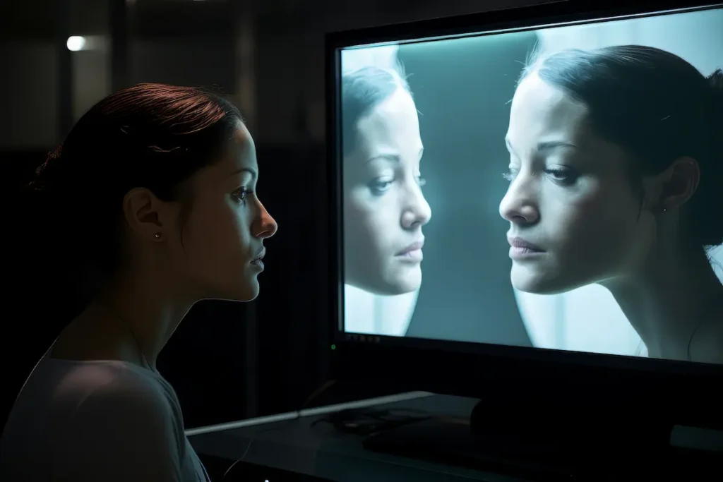 Persona observando un reflejo digital en una pantalla, como representación visual de la IA complaciente y la validación de ideas.