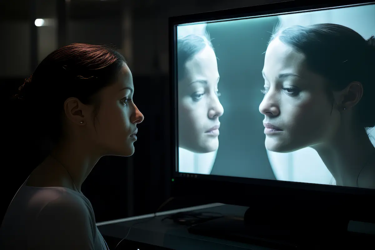 Persona observando un reflejo digital en una pantalla, como representación visual de la IA complaciente y la validación de ideas.