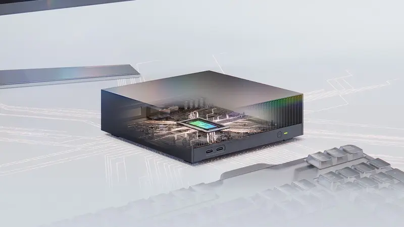 Equipo compacto con NVIDIA RTX Spark sobre un escritorio, representando nuevas capacidades de IA local para desarrolladores, equipos creativos e innovación empresarial.