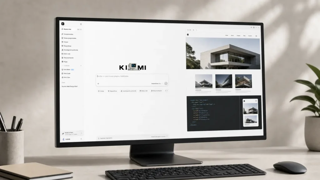 Interfaz de Kimi K3 en una computadora mostrando una página web, código y vista móvil.