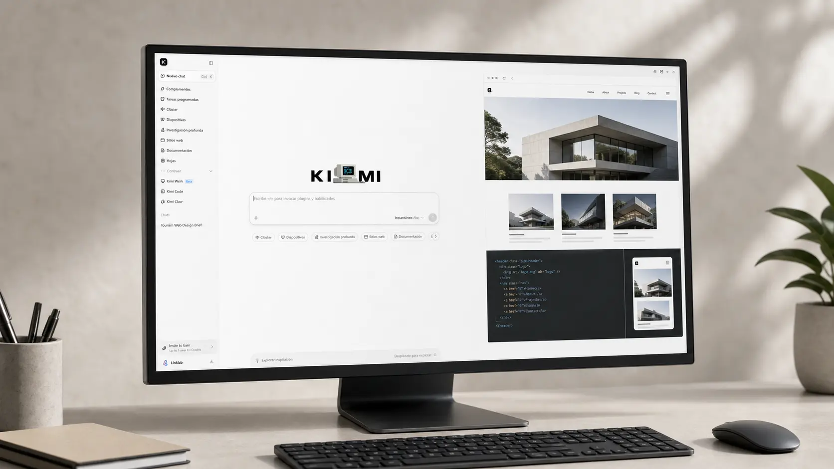 Interfaz de Kimi K3 en una computadora mostrando una página web, código y vista móvil.