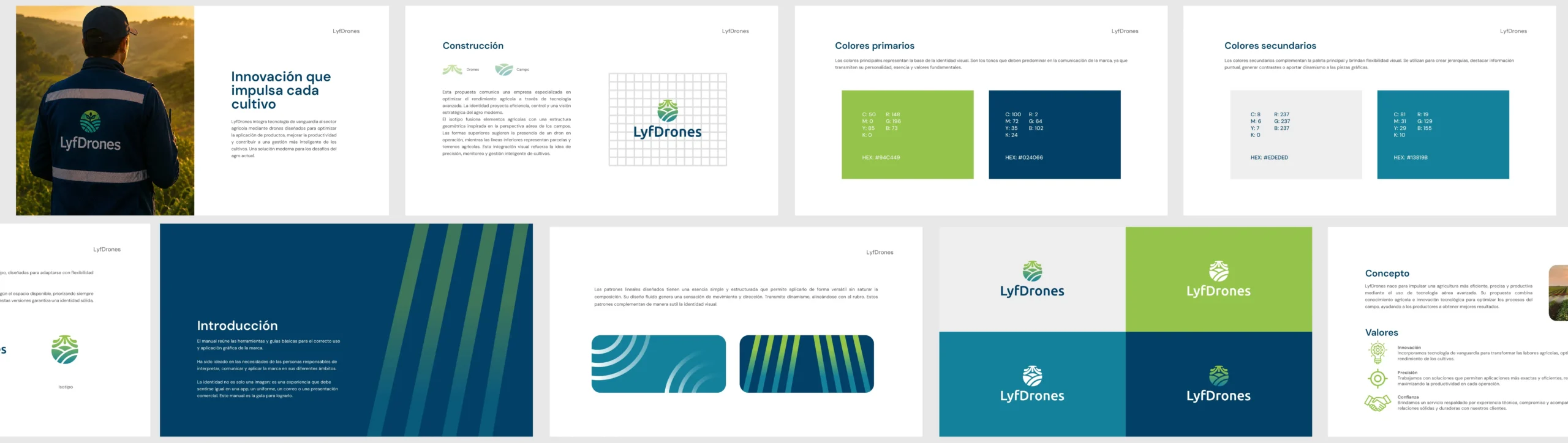 Vista general del brandbook de LyfDrones con aplicaciones de marca, colores, tipografía y mockups.