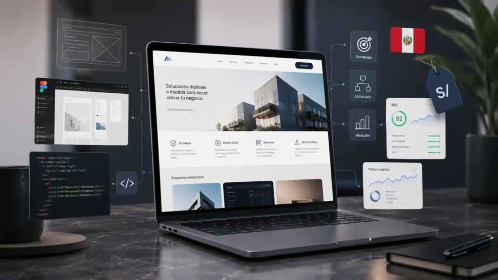 Laptop mostrando el desarrollo de una página web profesional con diseño, código, SEO y analítica
