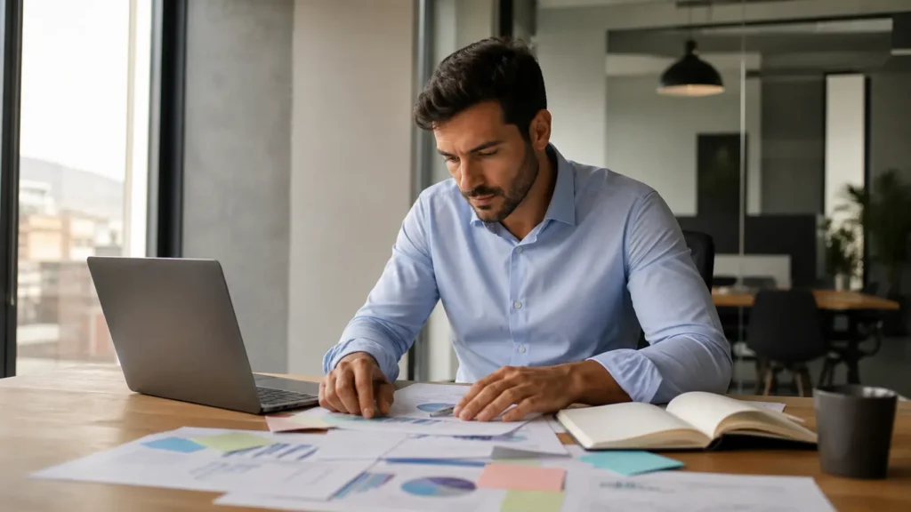 Profesional revisando datos y documentos para definir estrategias comerciales en una oficina moderna.