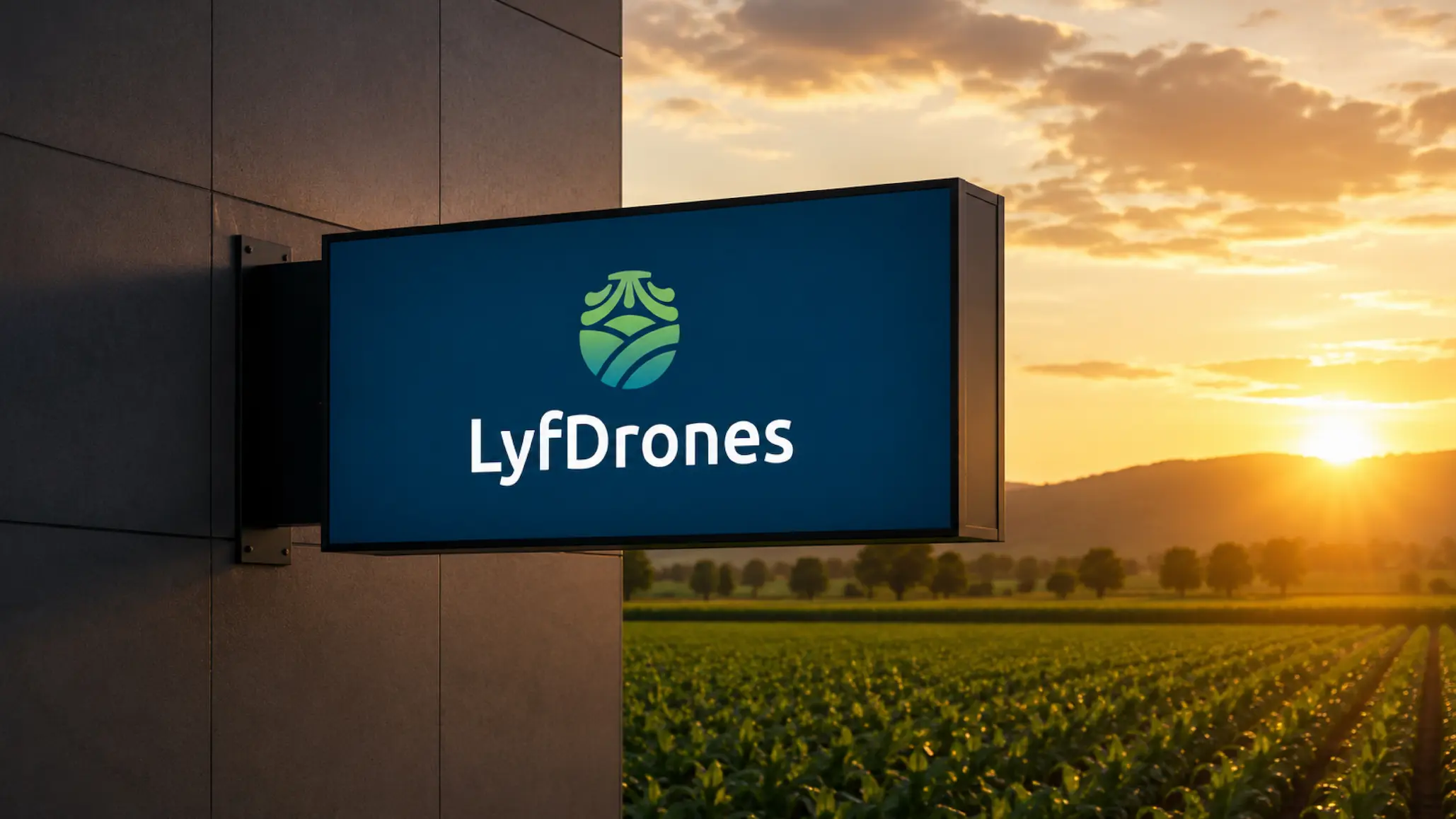 Letrero exterior con logotipo de LyfDrones frente a un campo agrícola al atardecer.