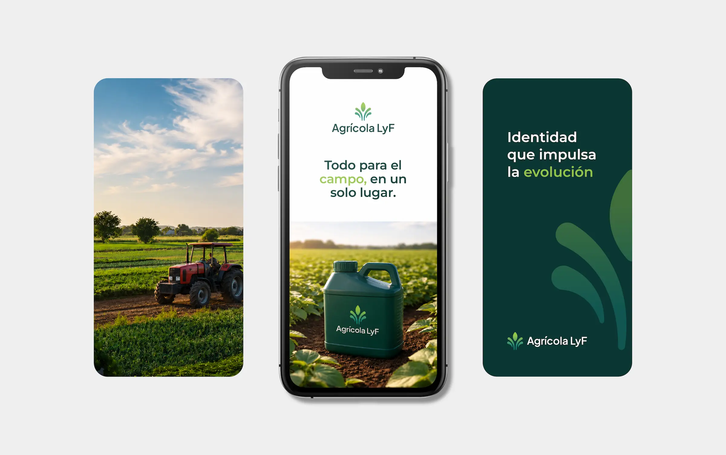 Mockups móviles de Agrícola LYF con aplicaciones de identidad visual