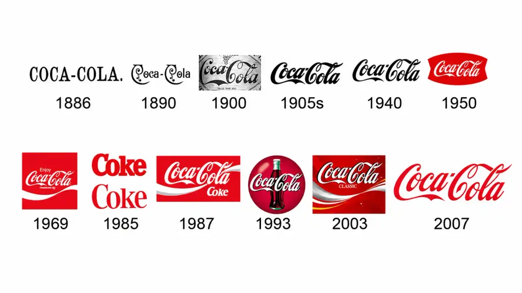 rebrandings de coca cola a traves de los años.
