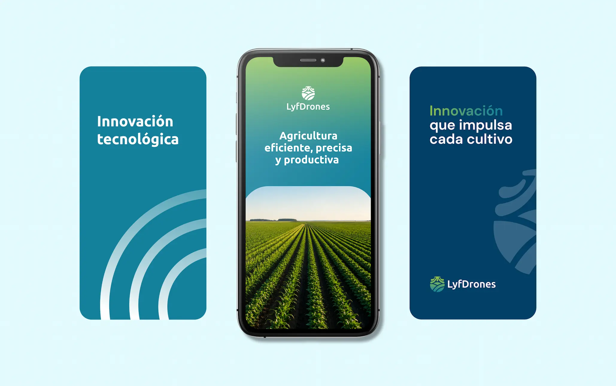 Mockups de piezas digitales de LyfDrones para redes sociales y pantalla móvil.