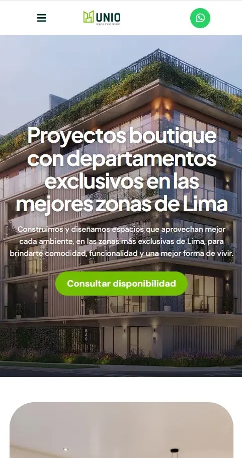 Vista móvil del sitio web de UNIO Grupo Inmobiliario