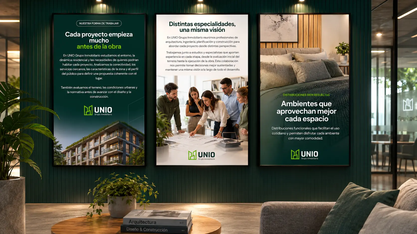 Dirección visual de UNIO aplicada a piezas sobre arquitectura y desarrollo inmobiliario