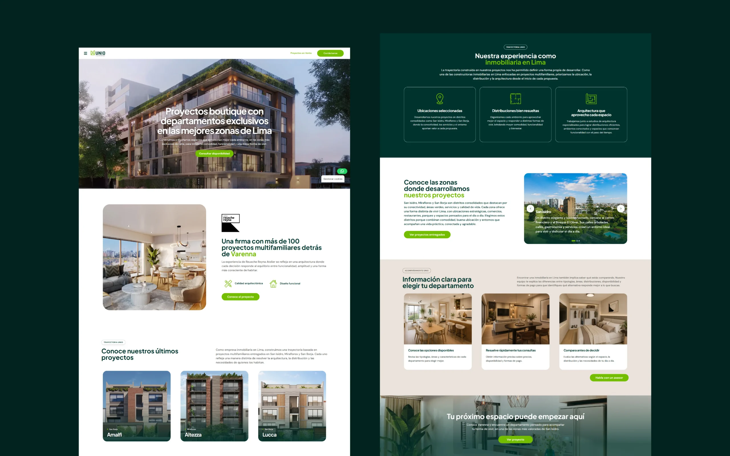 Interfaz web de UNIO con proyectos inmobiliarios, zonas y contenido de acompañamiento